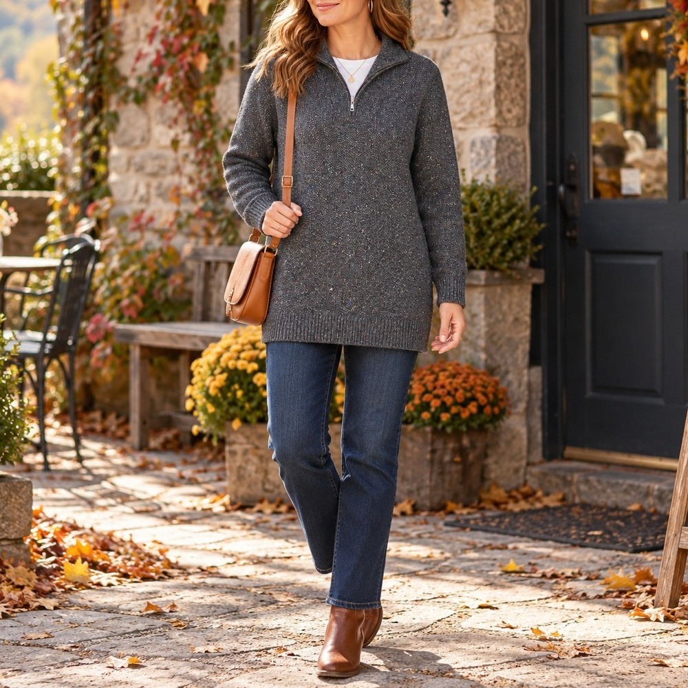 Lands' End Womens Gray Donegal Quarter Zip Cotton Blend Tunic Sweater Large - Picture 1 of 11